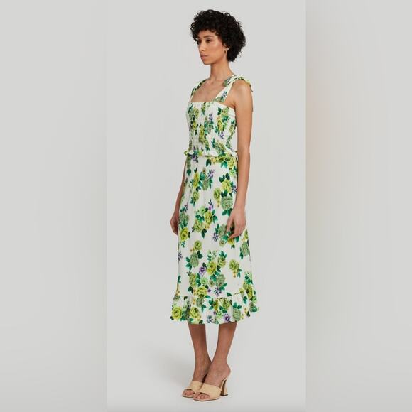Amanda Uprichard x Revolve Green Floral Smocked Sleeveless Ruffle Midi Dress M - Picture 4 of 11